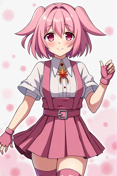 Demon Slayer Artstyle, Female gender, pastel pink fur, with a square bang and her hair short to her shoulders , with a star brooch, hunter uniform: It is personalized, instead of the traditional hakama pants, She wears a pleated skirt that reaches mid-thig...