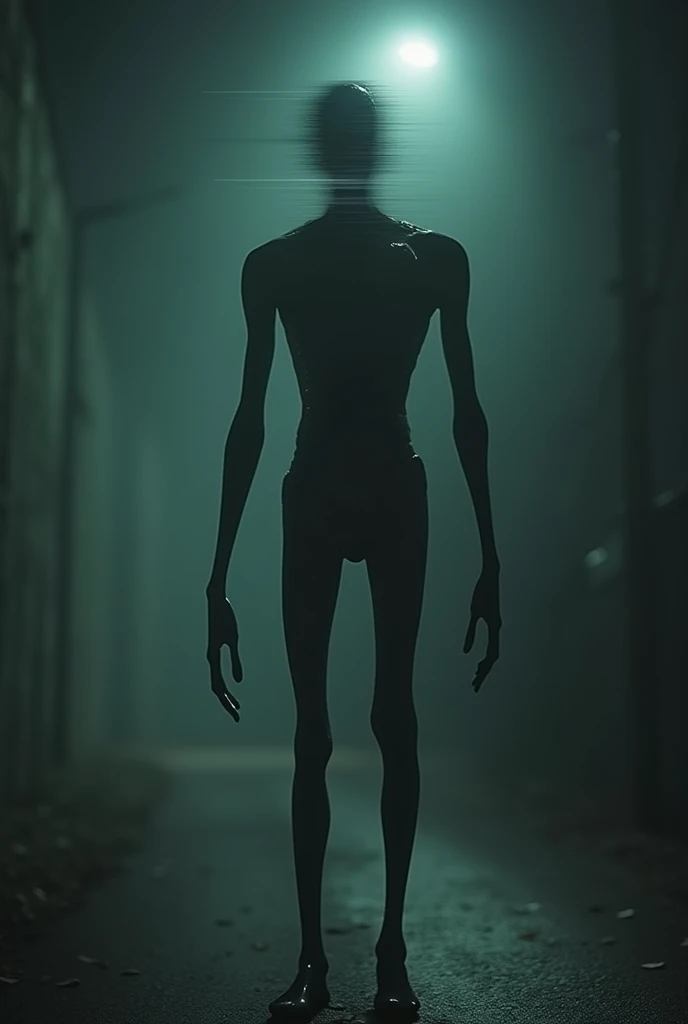 Anomalous image of a human with a very long body, legs and arms, a blurry face at night, glitch 