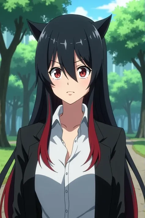 Screenshot of the anime my hero academia Girl half demon and half angel, black hair with red tips straight long and wavy, He has a slightly serious expression, He is wearing a white shirt with a black jacket and in the background he is in a park 