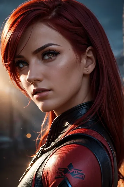 A female superhero wearing a red and black outfit, with vibrant red hair, in a close-up portrait view, set against a BATTLEFIELD background, (best quality,4k,8k,highres,masterpiece:1.2),ultra-detailed,(realistic,photorealistic,photo-realistic:1.37),detaile...