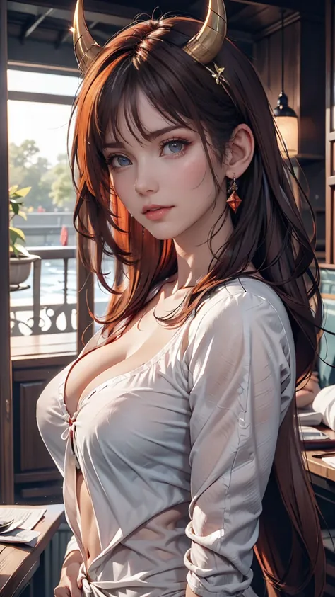 Very detailed, Seductive erotic woman with horns, A shirt that fits snugly against the skin, (Big Breasts, My chest is so big that it tears my shirt, Redhead), Focus on the face, Focus on the face, Complex eyes,