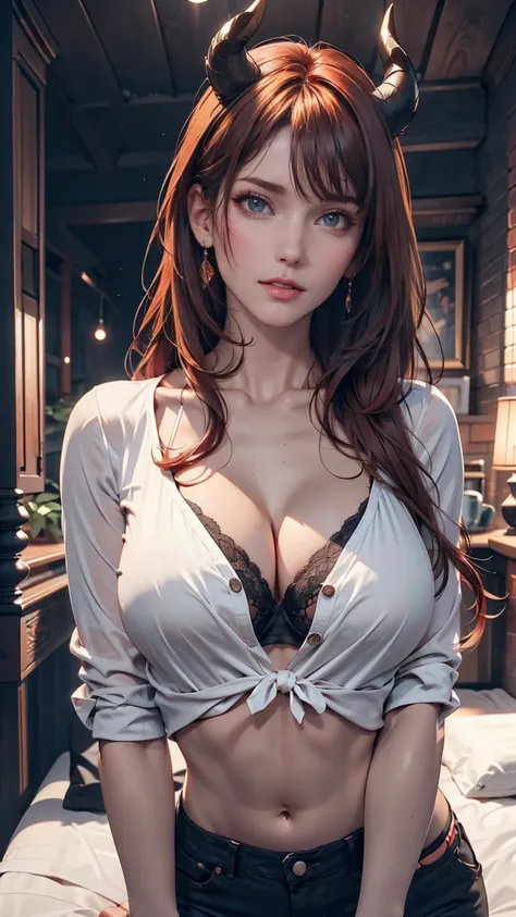 Very detailed, Seductive erotic woman with horns, A shirt that fits snugly against the skin, (Big Breasts, My chest is so big that it tears my shirt, Redhead), Focus on the face, Focus on the face, Complex eyes,