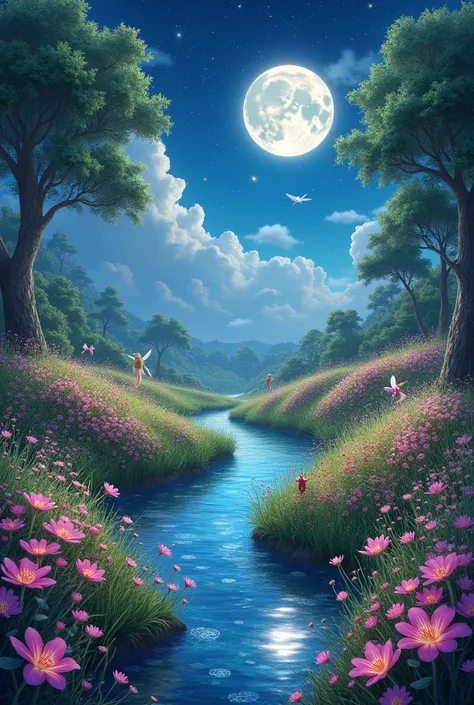 A land full of flowers, sparkling river water, also the full moon and stars in the sky inhabited by little fairies 