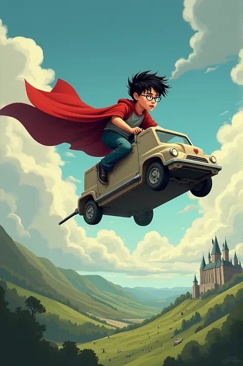 Harry Potter flying on a vaccum cleaner