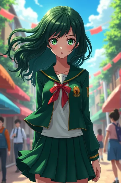 My Hero Academia screensaver, tall brunette girl with dark green layered wavy hair light green eyes wearing U uniform.A in a school fund