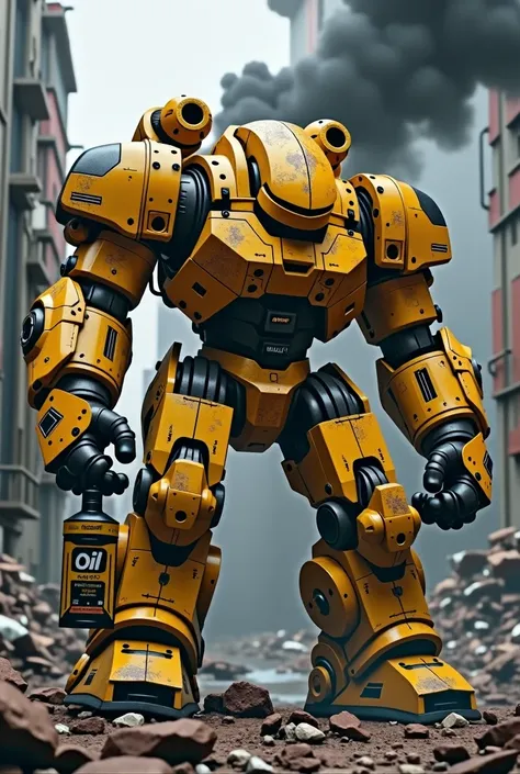 yellow black muscular mecha golem. fire sparkle.destroyed body. black smoke cloudy.overflow around body. bowed. holding a branded bottle of engine oil. bottle with oil written on it.sitting in the ruins. destroyed city as background. uhdr. uhq.