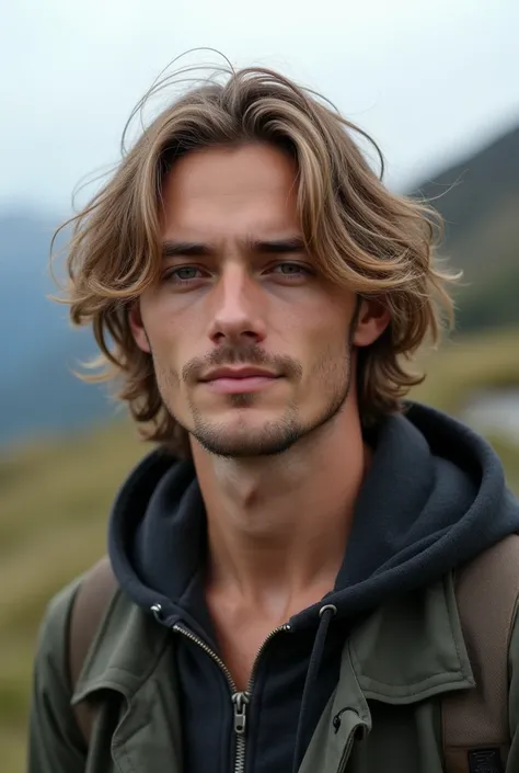 There is a man standing in a mountainous area. In his late twenties, and has shoulder length hair. His hair is thick and dark blonde, having a waviness to it and curls at the base of the neck. His hairstyle is a middle part flow, with layered hair.