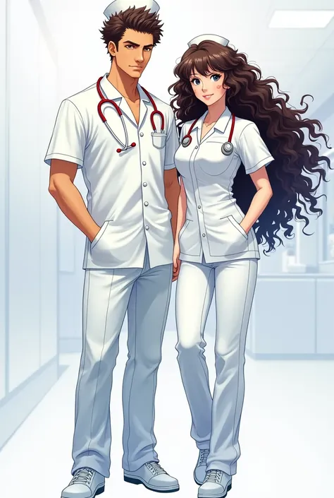 Man with short curly hair and woman with curly hair couple of professional nurses in white anime