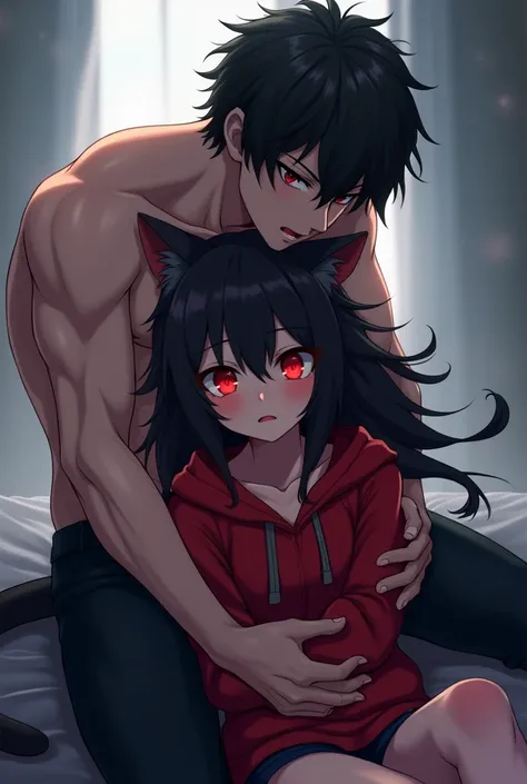 Short black haired anime boy shirtless on top of red eyed girl black hair cat ears red hoodie  