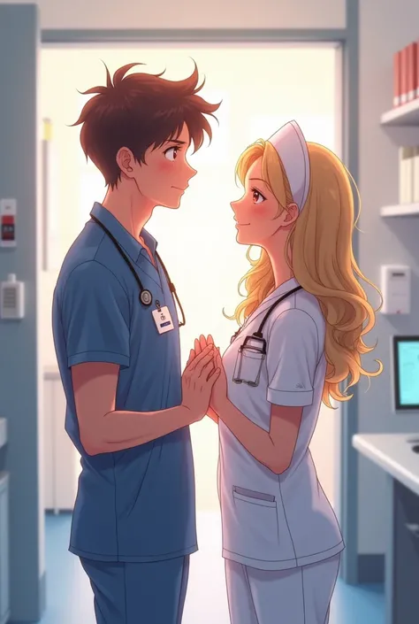 Man with short curly hair and woman with curly hair couple of anime professional nurses