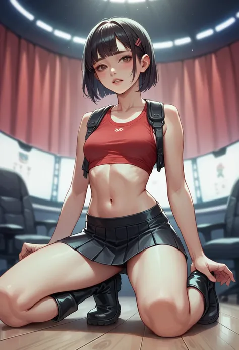 an skinny Asian teenage girl wearing a very short red top showing her navel and an extremely short black mini skirt and black boots, she is sitting facing forward in a gaming chair on top of a stage with hands on shoulders and legs straddling