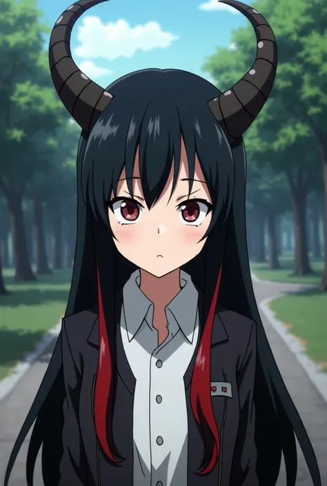 Screenshot of the anime my hero academia Hybrid girl half demon and half angel, black hair with red tips straight long and wavy, He has a slightly serious expression, He is wearing a white shirt with a black jacket and in the background he is in a park 