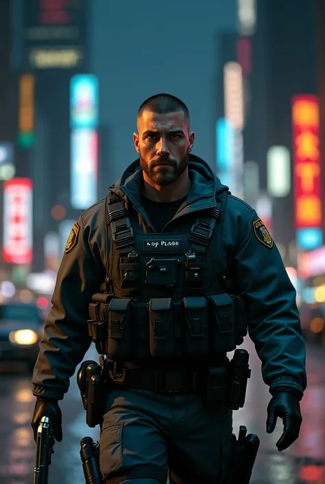 Night City Scenery, realistic style, male, 40s, Caucasian, medium crew cut brown hair, light police combat gear, holding silver pistol, light goatee, walking down the street towards me, stern and serious look, close up, photo-realistic, intricate details, ...