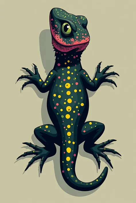 A company logo that is a lizard animal with a tropical animal appearance, black in color with some spots on the trunk of the skin in pink and yellow and green eyes and the curved cloth for application in corporate uniforms, it must be seen from above as if...