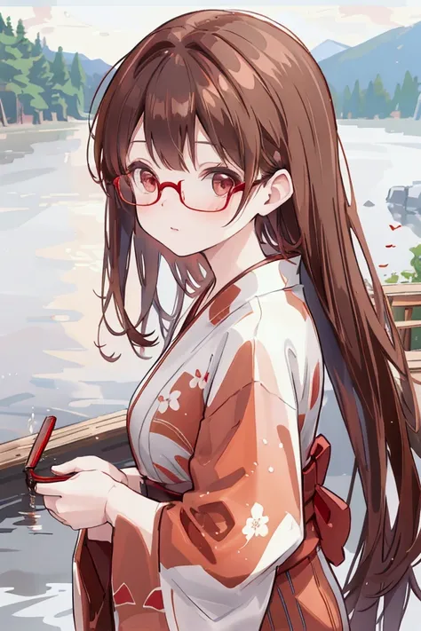 A woman with brown hair, red eyes and red glasses, wearing a brown yukata and looking like she was bathing in a lake. The background of the lake view is blurry, dark and saturated 