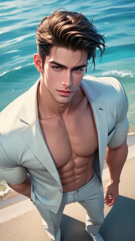 (absurdres, highres, ultra detailed, HD), 1 male, solo, ((handsome man, male model modern clothing, Full length portrait: 1.5)), beautiful, handsome, tall muscular guy, mature, perfect eyes, sexy gaze, (looking at the viewers romantically), perfect body, s...