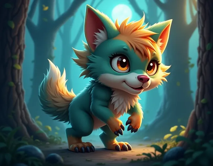 An anthropomorphic creature resembling a werewolf, with a muscular and athletic human-like body. The creature should have a cute, wide-eyed face with large ears, similar to the one in the reference image, retaining its innocent and adorable expression. The...