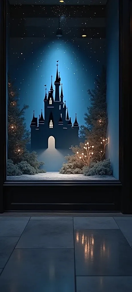 A scene from a store window. The background of the scene is dark blue with the shadow of the Disney castle and star sparkles and magic. No characters and no objects 