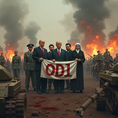 Donald Trump, Fidel Castro dressed as a soldier, Diego Armando Maradona dressed as a player, Kim Jong Un and Mother Teresa of Calcutta standing together holding a banner that says ODI in capital letters, in the middle of a battle of the first world war, wi...