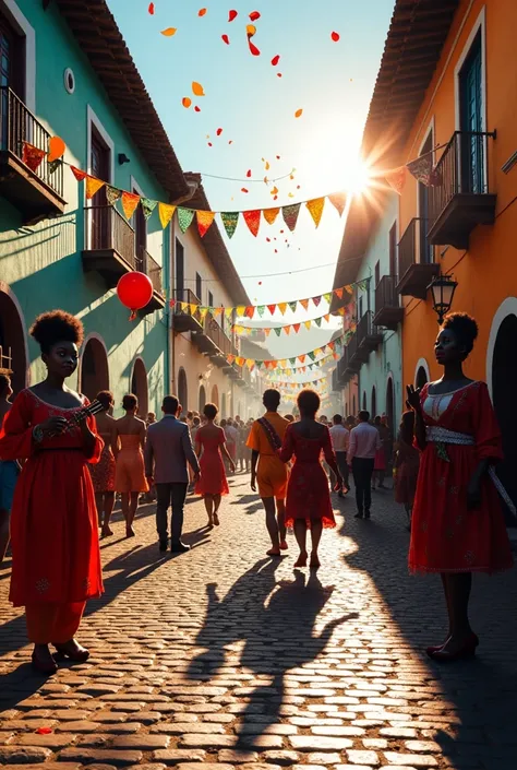 Description: A vibrant street during Olinda Carnival, with colorful houses and flags hanging from one side to the other. The cobblestone floor reflects the vibrant colors of frevo, and the shadows of people dancing and celebrating can be seen in the backgr...