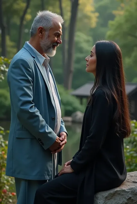 
Realistic close up scene of a single 40 year old man, Without beard,  white black short haired caucasian, barefoot western, standing, wearing a light blue suit, pants and a doctor or monk style jacket Spiritual, with a relaxed attitude and a slight smile....