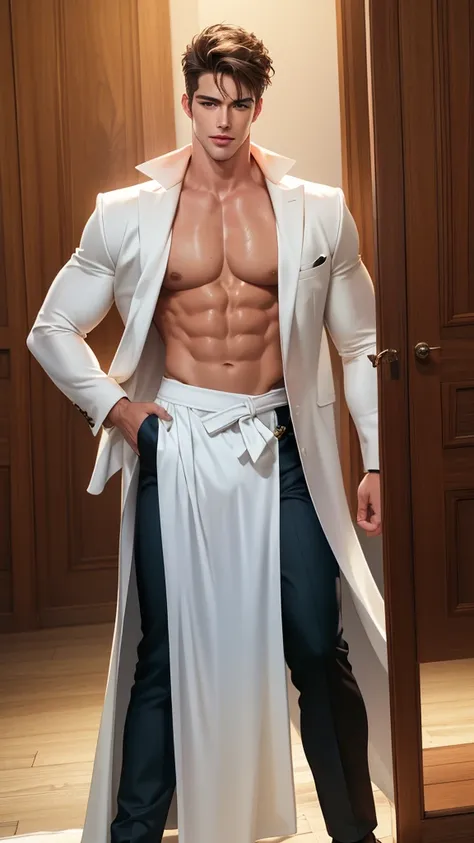 (absurdres, highres, ultra detailed, HD), 1 male, solo, ((handsome man, male model modern clothing, Full length portrait: 1.5)), beautiful, handsome, tall muscular guy, mature, perfect eyes, sexy gaze, (looking at the viewers romantically), perfect body, s...