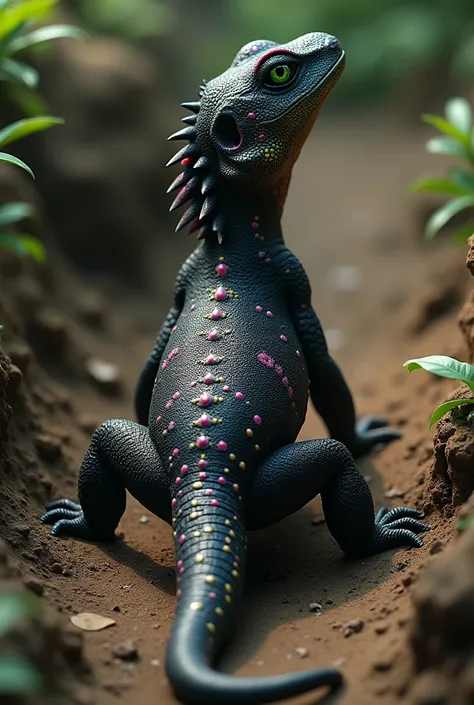 It is a tropical lizard animal of black color with some spots on the trunk of the skin in pink and yellow color and green eyes and the curved cloth for application in corporate uniforms it must be seen from above as if it were walking under the ground with...