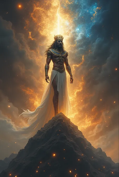 "In Egyptian mythology, Atum, the creator god, emerges from the chaotic waters of the primordial universe. He stands on the primordial hill, with a detailed and chaotic background, symbolizing creation from chaos. (best quality), (masterpiece), ( realistic...