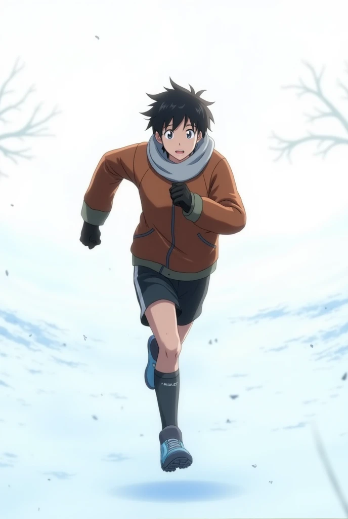 Blue lock isagi running  and white animated background with winter clothes