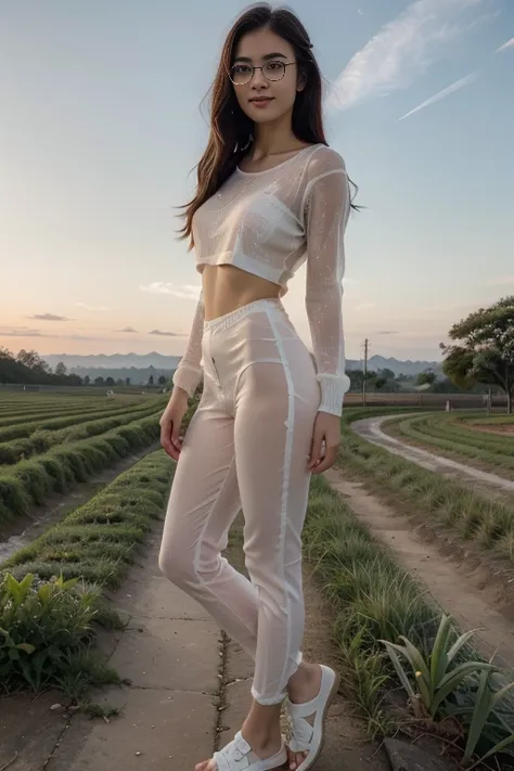 in 80' era, young sweet beautiful bogor city girl standing cheerful on wide rice  field near bogor, descent mixed from sundanese...