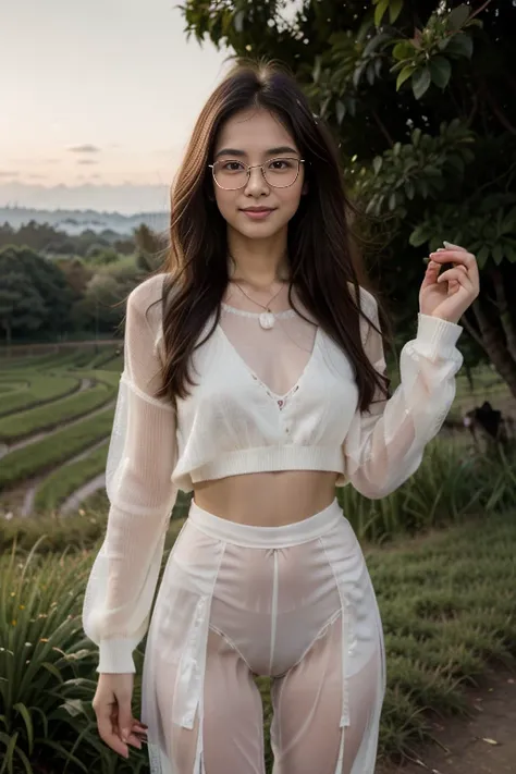 in 80' era, young sweet beautiful bogor city girl standing cheerful on wide rice  field near bogor, descent mixed from sundanese...