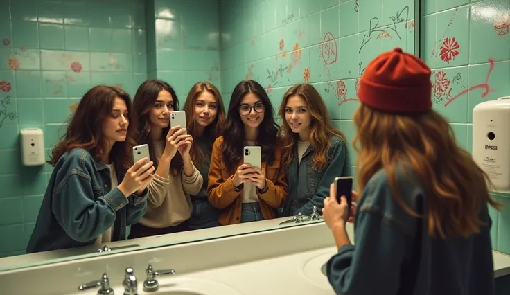 In the toilet at the shopping mall、With friends dressed in skater clothes、Teenager taking a selfie with mobile phone in front of mirror.