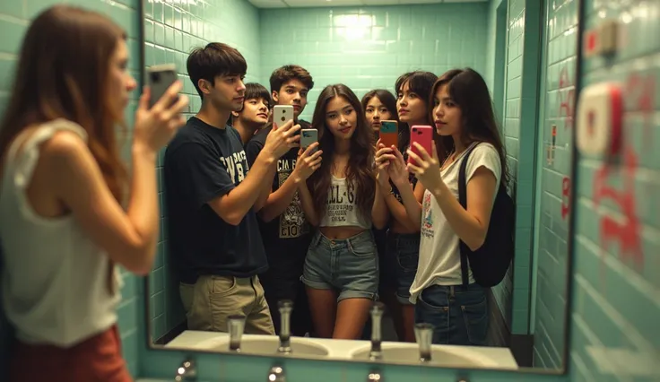 In the toilet at the shopping mall、With friends dressed in skater clothes、Teenager taking a selfie with mobile phone in front of mirror.