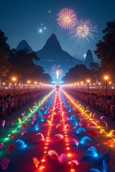 Description: The Marquis of Sapucai Avenue, with stands full of excited spectators and a walkway lit up with colored lights. The scenery reflects the grandeur of a samba school parade, with stylized floats and colorful feathers scattered on the ground.
det...