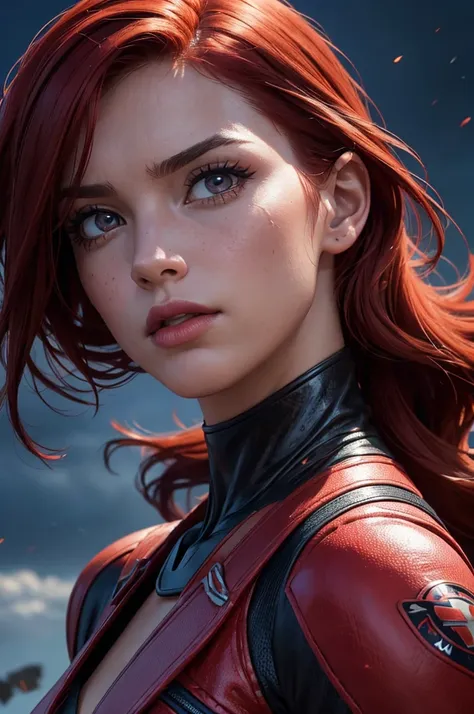 a female superhero wearing a red and black outfit, with vibrant red hair, in a portrait upper body view, set against a battlefie...