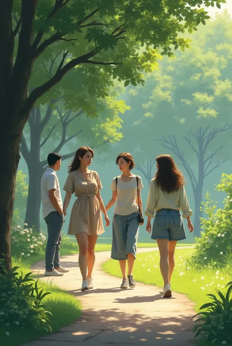 Two realistic women in the park walking and two men 