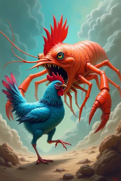 Angry shrimp catching the blue chicken 
