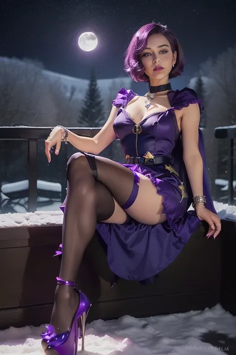 ((Masterpiece, 1girl, solo, alone ((RavenTT, short hair, dark purple hair, dark purple eyes)), Smug)), ((pink lipstick, Extremely detailed, ambient soft lighting, 4k, perfect eyes, a perfect face, perfect lighting, a 1girl)), (((purple dress, bodycon dress...