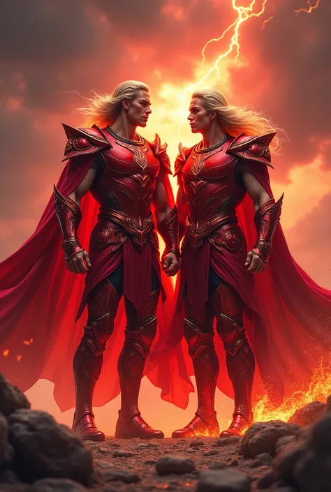 Create a 2 man with blond hair and red armor who emanates a red aura around him..
