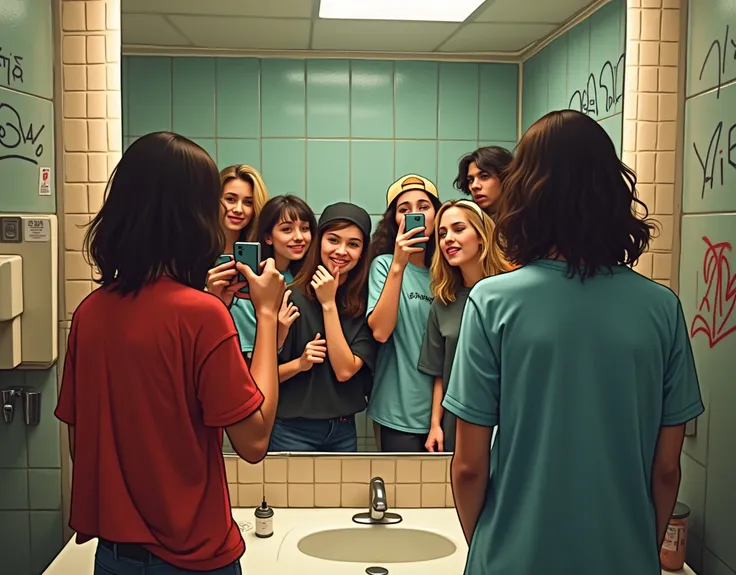 In the toilet at the shopping mall、With friends dressed in skater clothes、Teenager taking a selfie with mobile phone in front of mirror.