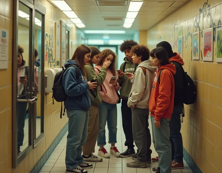 In the toilet at the shopping mall、With friends dressed in skater clothes、Teenager taking a selfie with mobile phone in front of mirror.