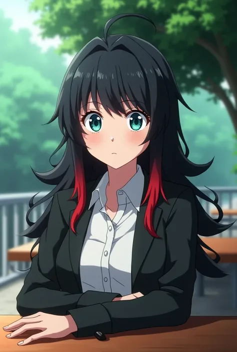 Screenshot of the anime my hero academia Half demon girl, black hair with red tips straight long and wavy, turquoise eyes,He has a slightly serious expression, She is wearing a white shirt with a black jacket and in the background she is in a park sitting ...