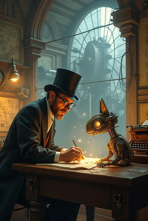 in a steampunk laboratory, illuminated by the flickering light of a giant steam engine, A scientist with round glasses and a top hat leans over a table full of test tubes, gears and cables. His focused gaze is fixed on a mechanical creature, half insect ha...