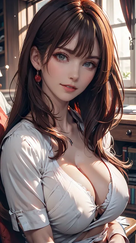 Very detailed、Seductive erotic woman, A shirt that fits snugly against the skin, (Big Breasts, My chest is so big that it tears my shirt, Redhead), Focus on the face, Focus on the face, Complex eyes,