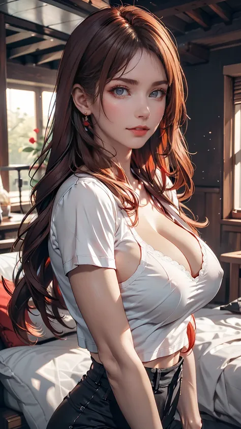 Very detailed、Seductive erotic woman, A shirt that fits snugly against the skin, (Big Breasts, My chest is so big that it tears my shirt, Redhead), Focus on the face, Focus on the face, Complex eyes,