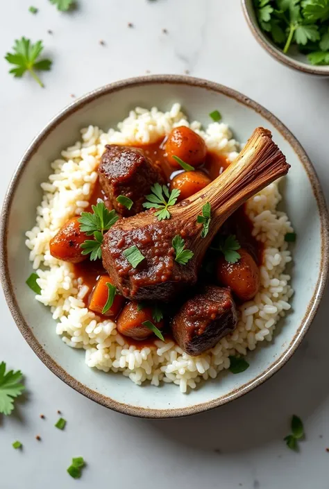 stewed lamb with white rice, aerial photography, taken from above, 4k, realist
