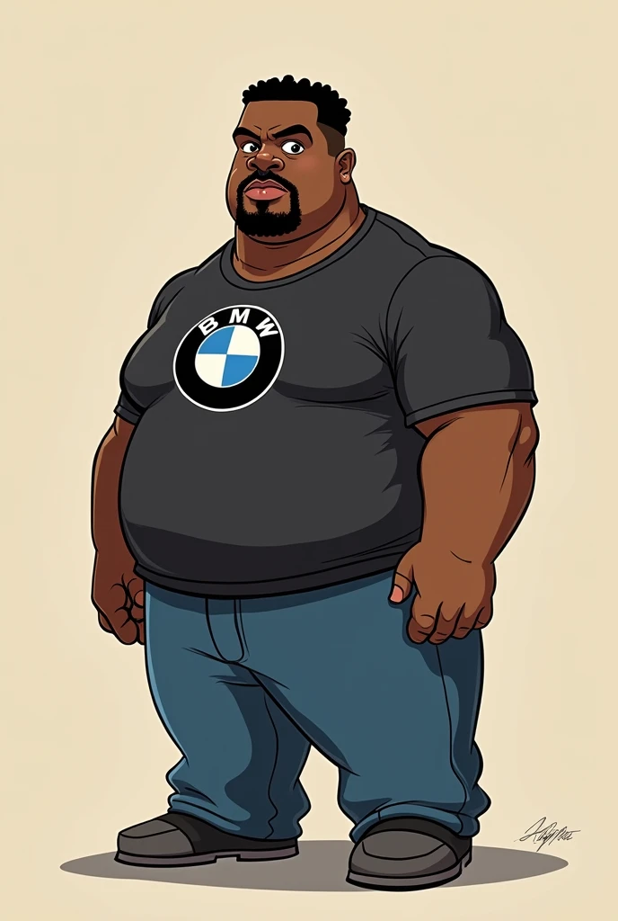 Big black man big nose with goatee short curly hair with bmw car t-shirt in cartoon 