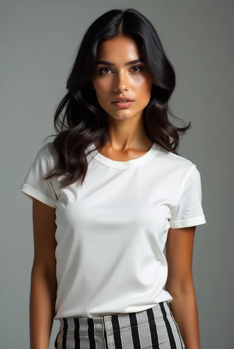 beautiful latin woman,  standing straight facing forward,with white t-shirt, Jeans, on a greyish background, cotton t-shirt texture, fitted t-shirt, round neck, striped tights. Medium camera shot