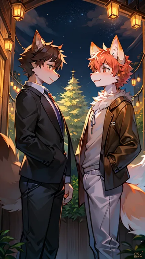 kitsune fox, mascle, No meio da floresta, new boy, with his friend, este um tanuki mascle, furry mascle, os dois No meio da floresta com roupas de aventureiros, best qualityer, anime styling