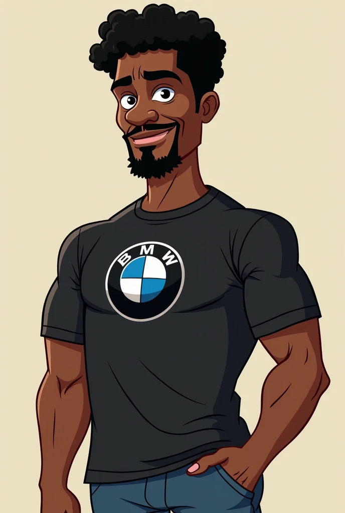 Big black man big nose with goatee short curly hair with bmw car t-shirt in cartoon 